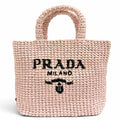 Prada Small Clochette Raffia Triangle Logo Tote Bag Pink Black
