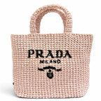 Prada Small Clochette Raffia Triangle Logo Tote Bag Pink Black