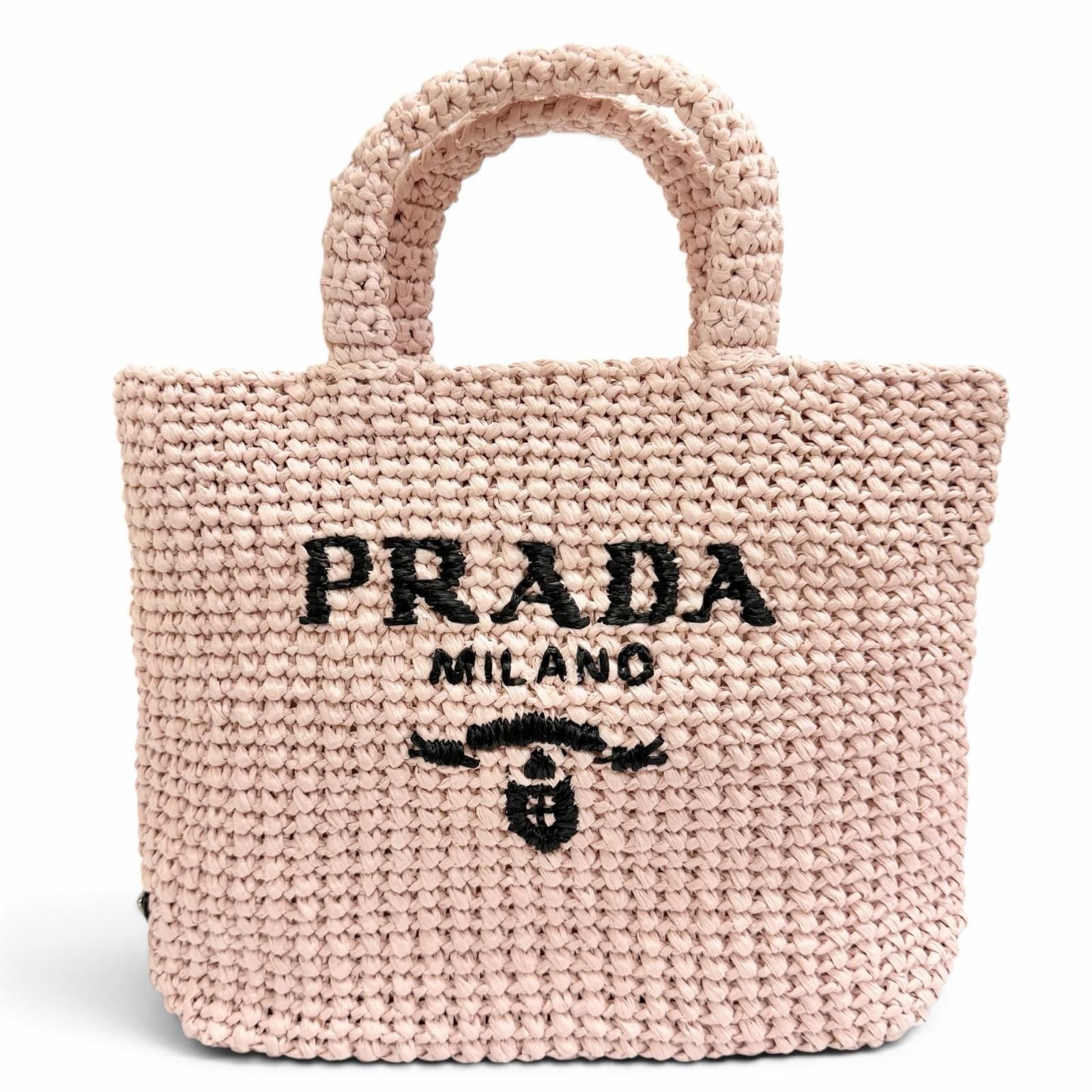 Prada Small Clochette Raffia Triangle Logo Tote Bag Pink Black