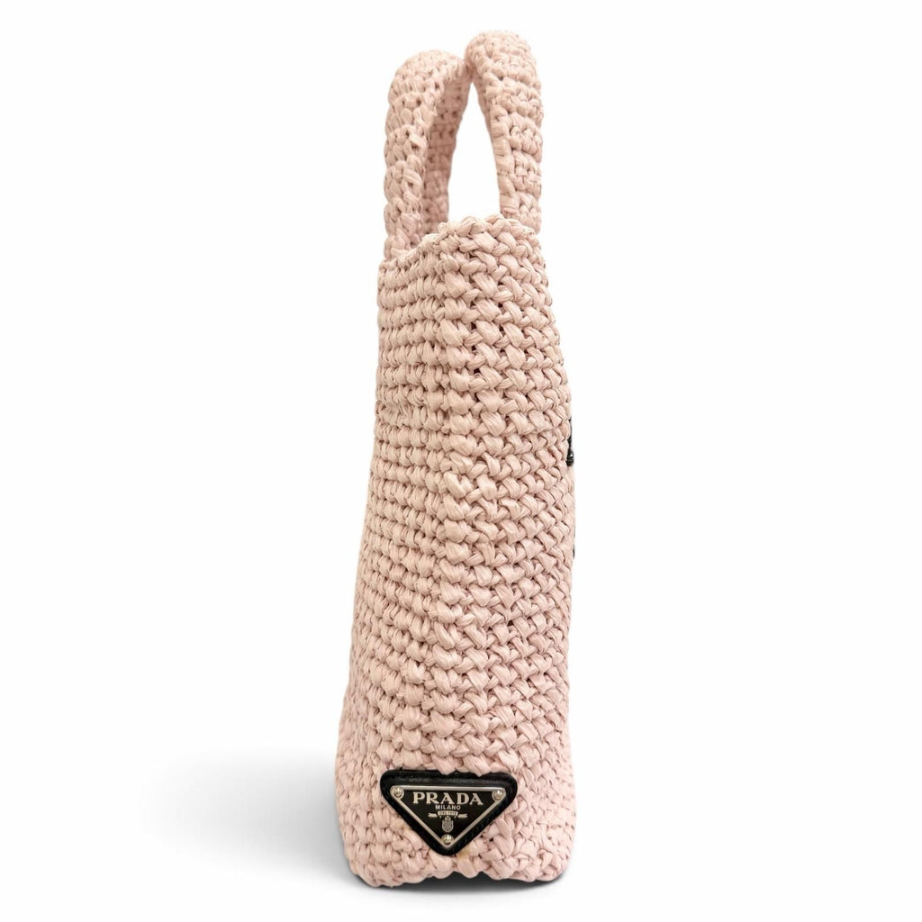 Prada Small Clochette Raffia Triangle Logo Tote Bag Pink Black — view 3