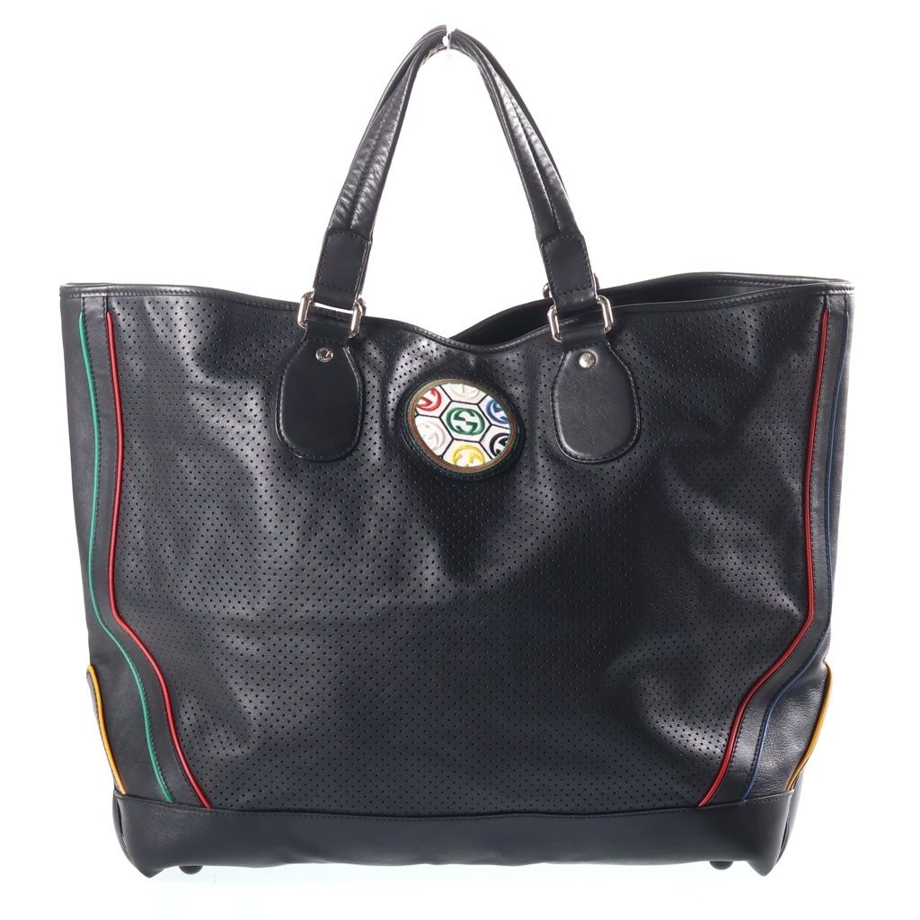 Gucci Perforated Tote Bag Black Leather Silver