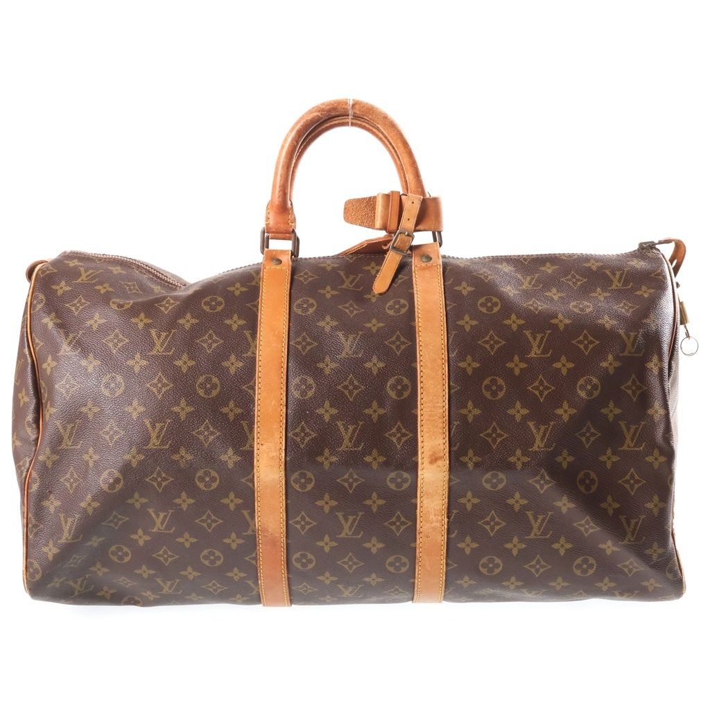 Louis Vuitton Monogram Keepall 55 Boston Bag Brown Leather Gold