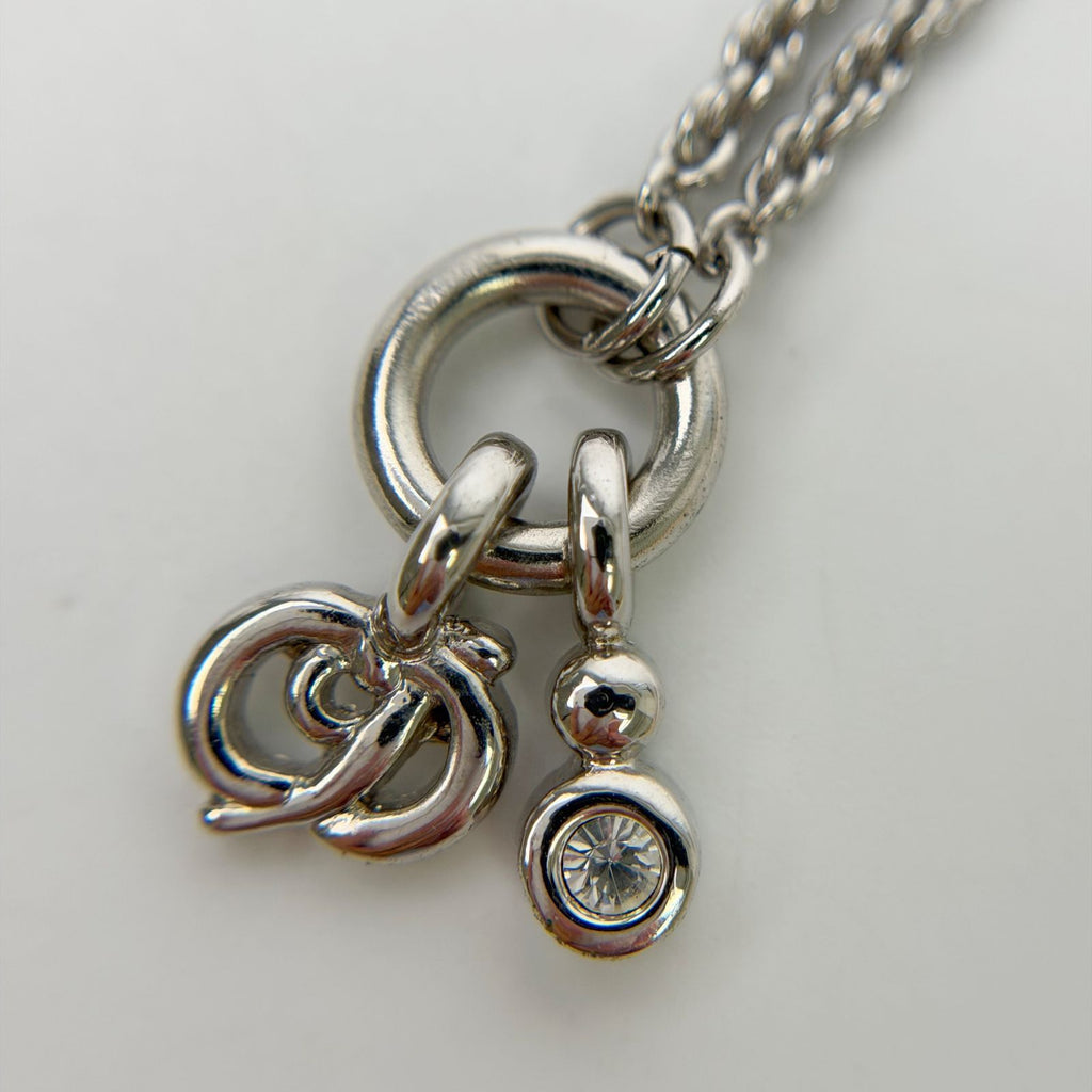 Dior CD Logo Crystal Charm Necklace Plated Rhinestone Silver Vintage — view 4