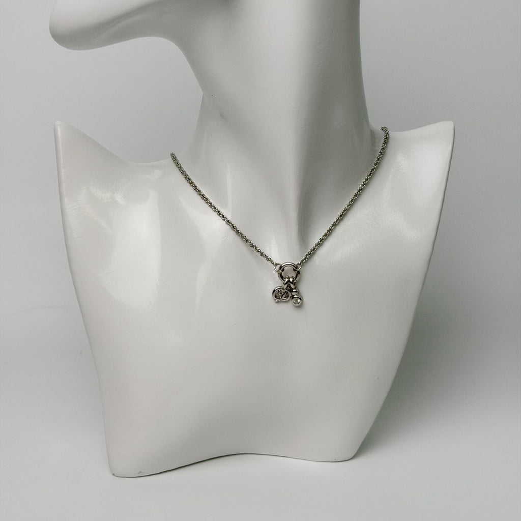 Dior CD Logo Crystal Charm Necklace Plated Rhinestone Silver Vintage