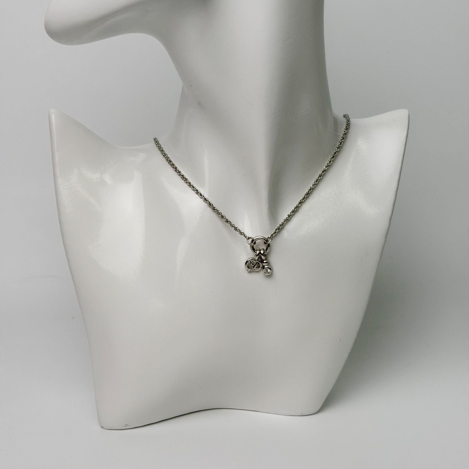 Dior CD Logo Crystal Charm Necklace Plated Rhinestone Silver Vintage