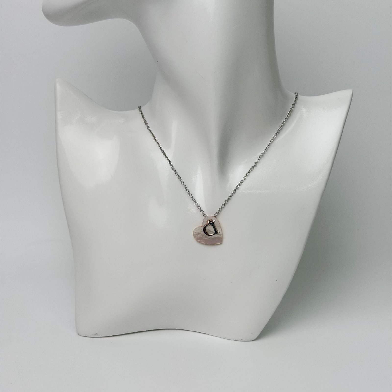 Dior Mother of Pearl Heart D Charm Necklace Plated Silver Pink Vintage