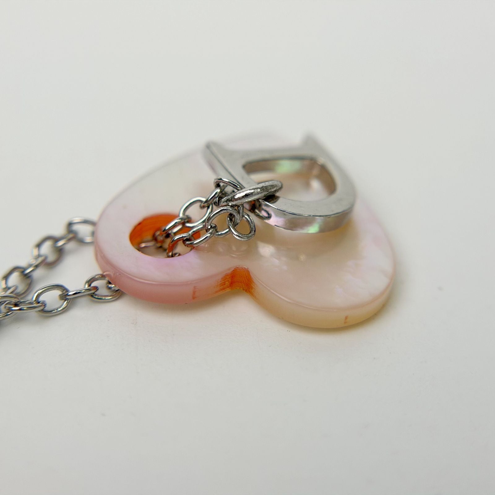 Dior Mother of Pearl Heart D Charm Necklace Plated Silver Pink Vintage — view 5