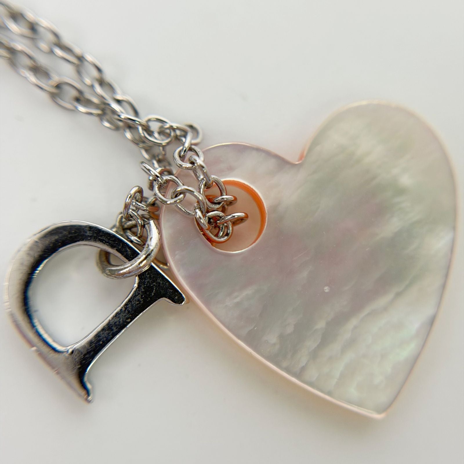 Dior Mother of Pearl Heart D Charm Necklace Plated Silver Pink Vintage — view 4
