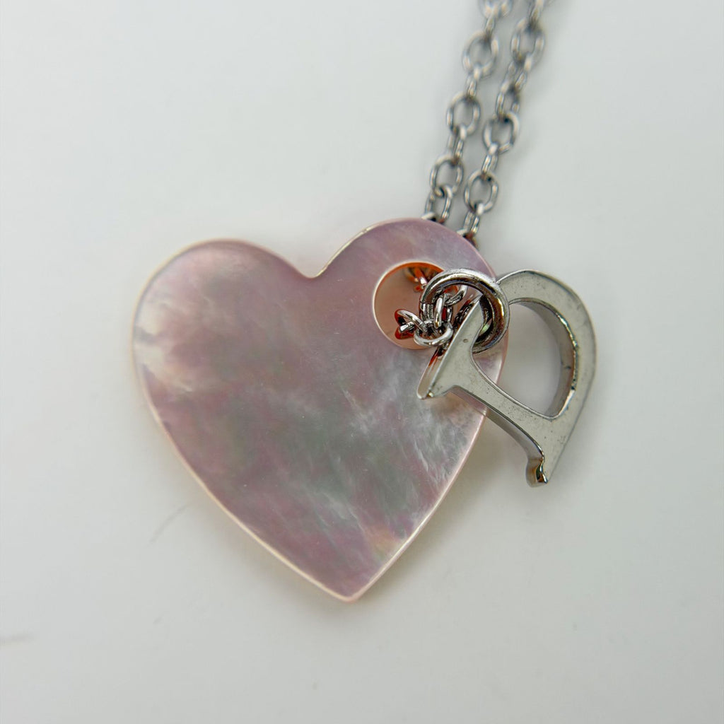 Dior Mother of Pearl Heart D Charm Necklace Plated Silver Pink Vintage — view 3