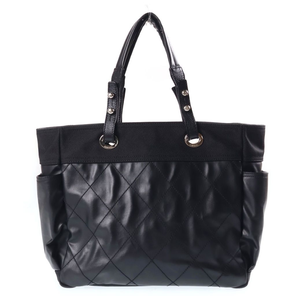 Chanel Paris Biarritz Tote GM Handbag CC Logo Black Silver Canvas Leather — view 2