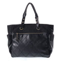 Chanel Paris Biarritz Tote GM Handbag CC Logo Black Silver Canvas Leather