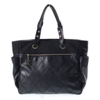 Chanel Paris Biarritz Tote GM Handbag CC Logo Black Silver Canvas Leather