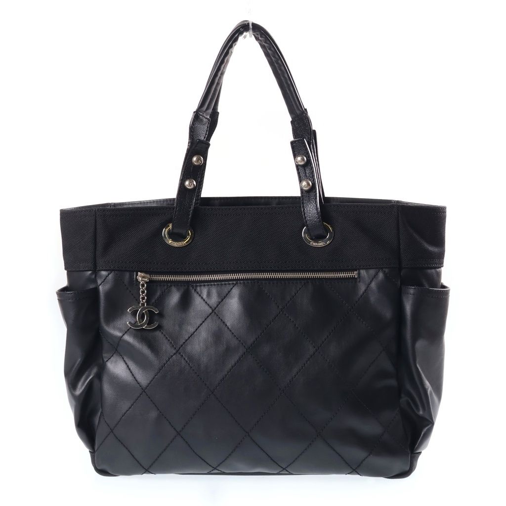 Chanel Paris Biarritz Tote GM Handbag CC Logo Black Silver Canvas Leather