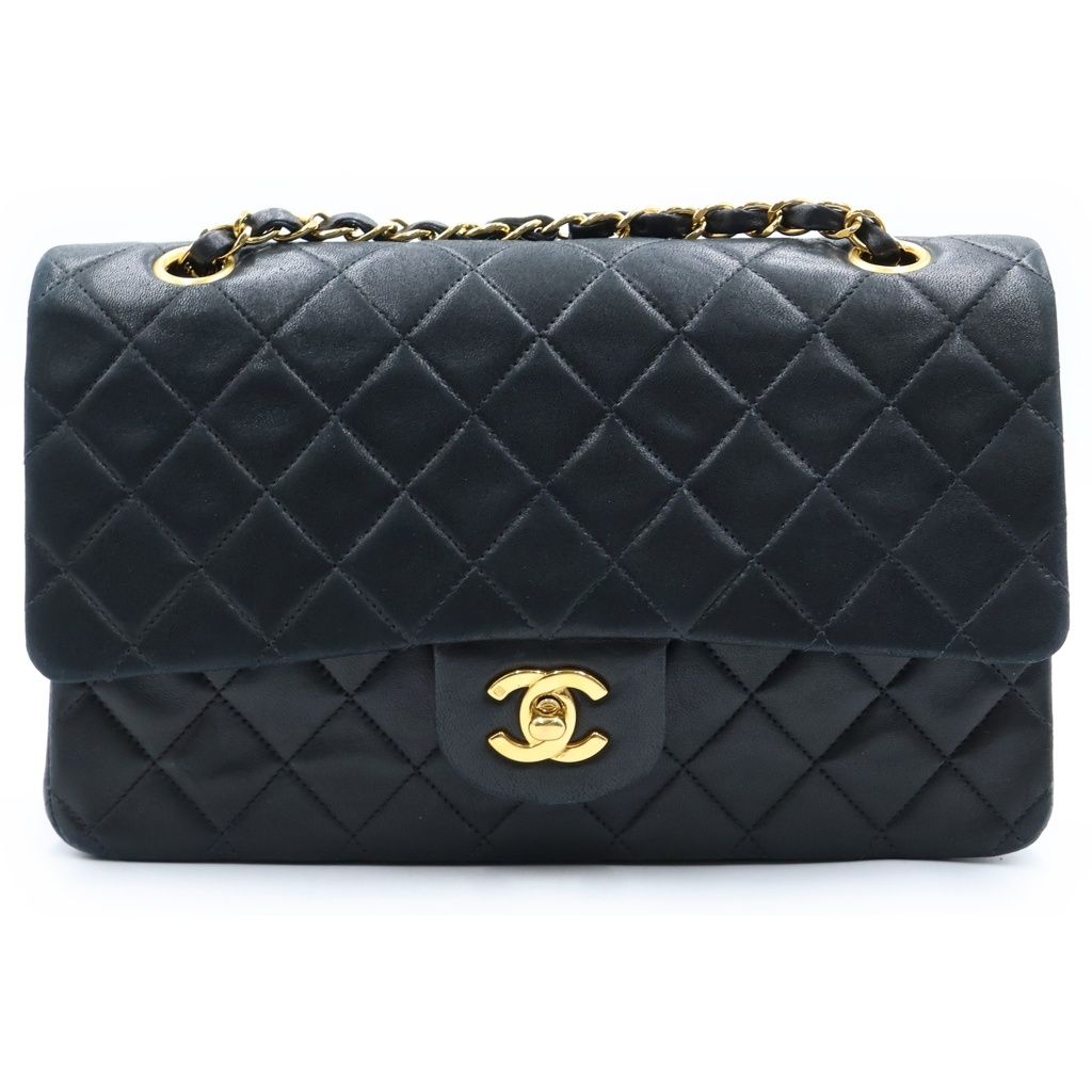 Chanel Quilted 25 Double Flap Chain Shoulder Bag Black Lambskin Gold