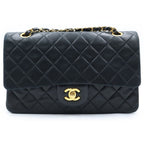 Chanel Quilted 25 Double Flap Chain Shoulder Bag Black Lambskin Gold