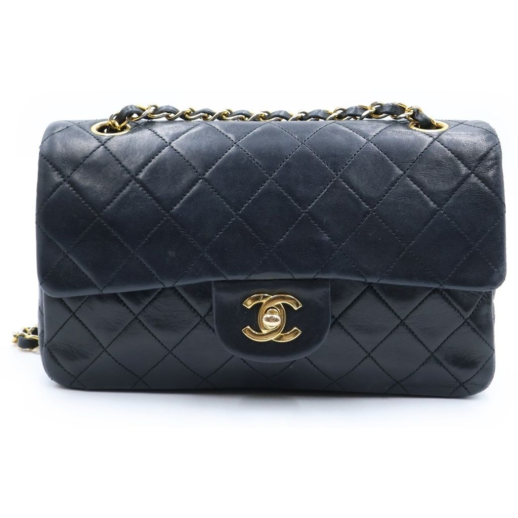 Chanel Quilted 23 Double Flap Chain Shoulder Bag Black Lambskin Gold