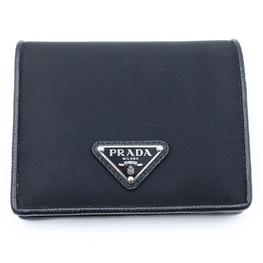 Prada Triangle Logo Compact Wallet Bifold Black Tessuto Nylon