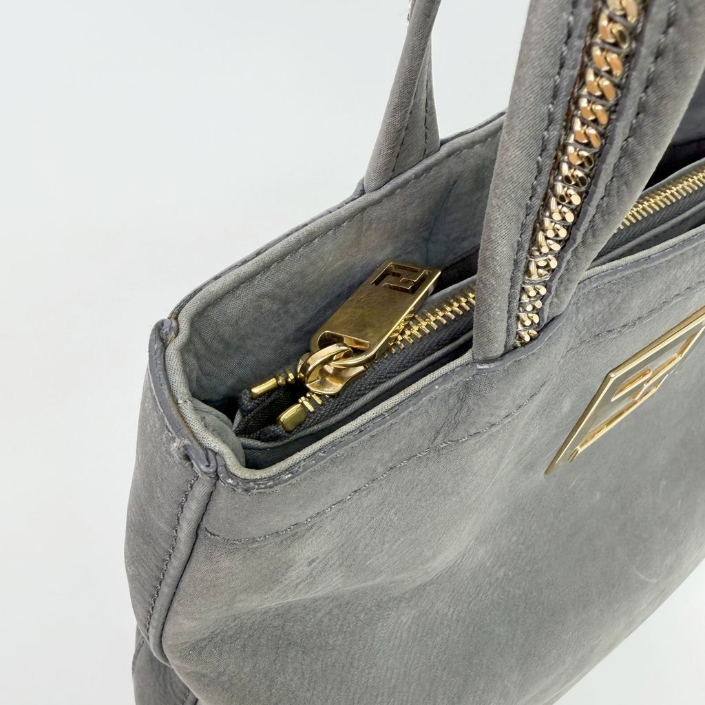 Fendi Nubuck FF Chain Tote Bag Leather Gray Gold Vintage — view 6