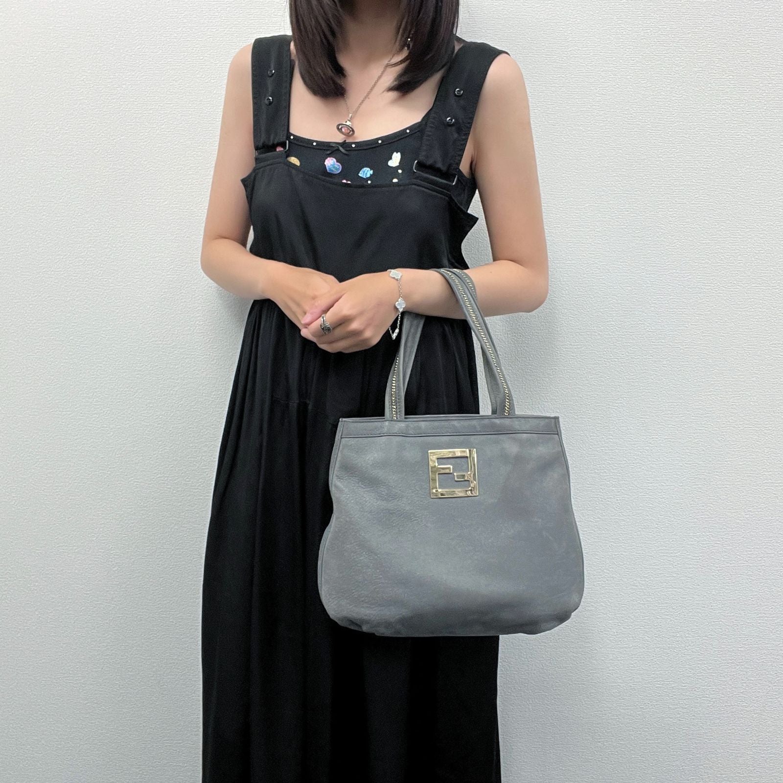 Fendi Nubuck FF Chain Tote Bag Leather Gray Gold Vintage