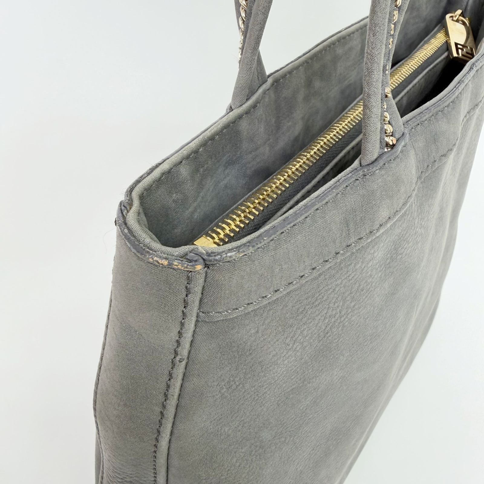 Fendi Nubuck FF Chain Tote Bag Leather Gray Gold Vintage — view 8