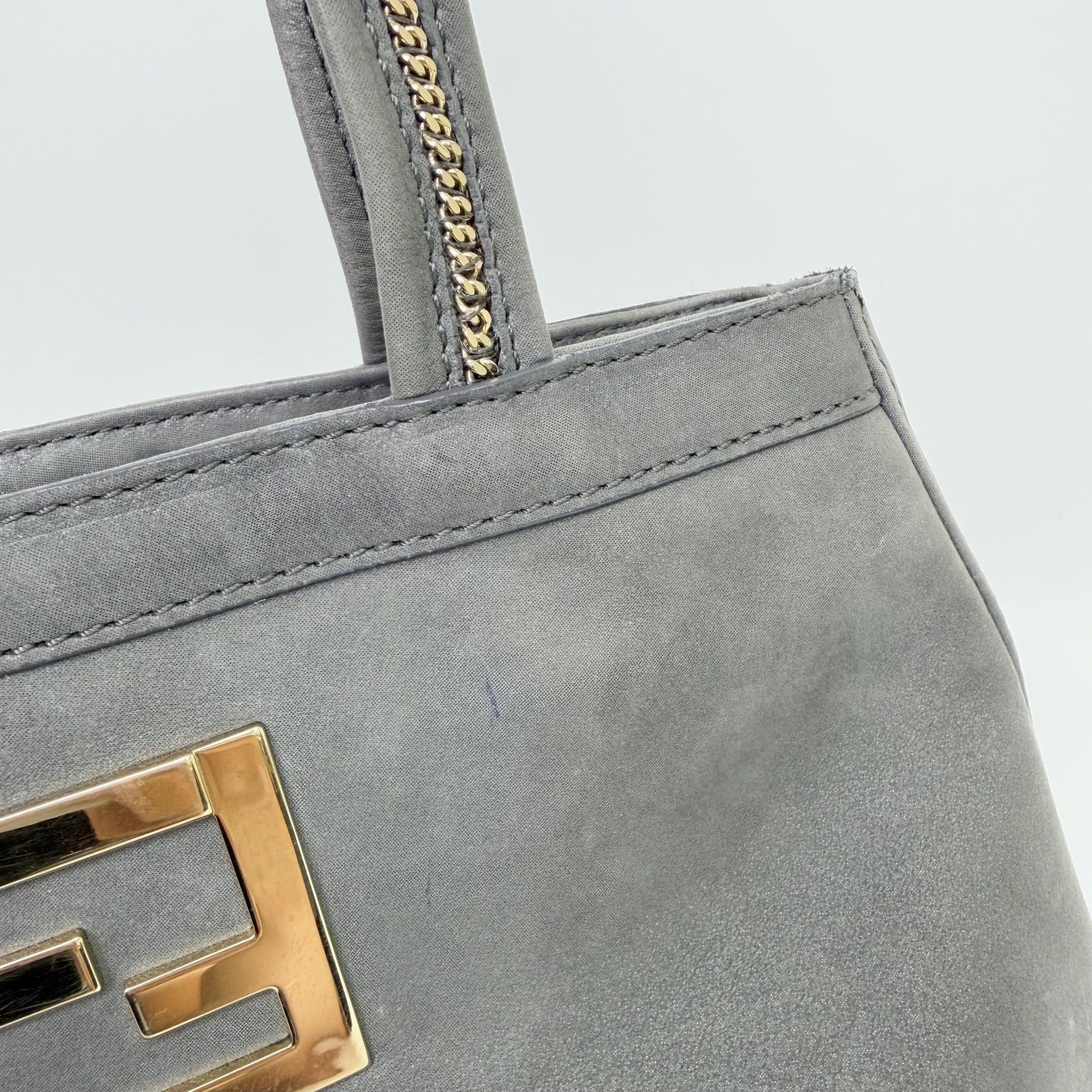 Fendi Nubuck FF Chain Tote Bag Leather Gray Gold Vintage — view 4