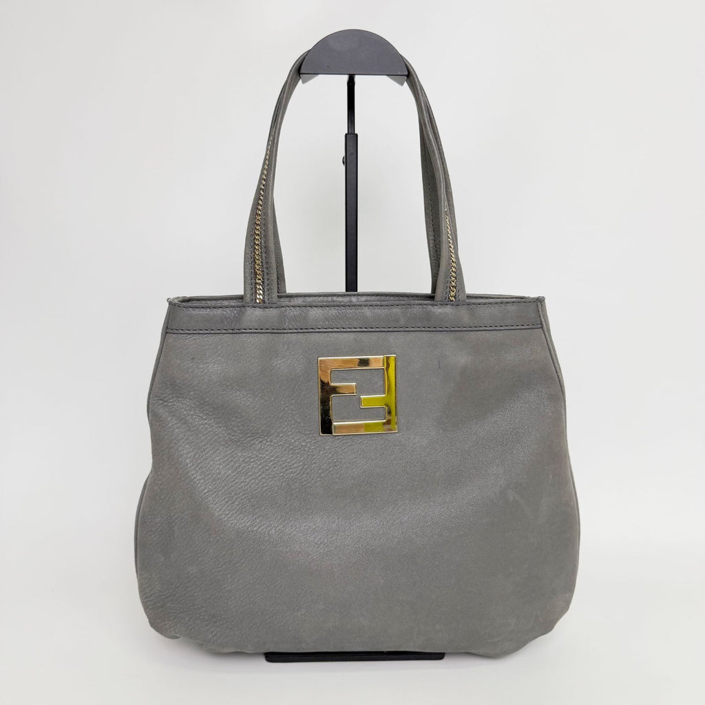 Fendi Nubuck FF Chain Tote Bag Leather Gray Gold Vintage — view 2