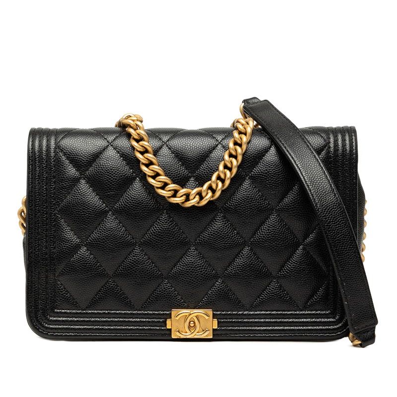 Chanel CC Logo Quilted Chain Wallet Shoulder Bag Black Gold Caviar Leather