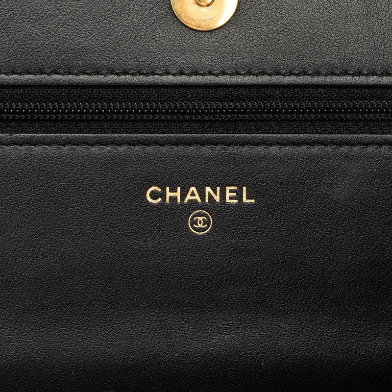 Chanel CC Logo Quilted Chain Wallet Shoulder Bag Black Gold Caviar Leather — view 6
