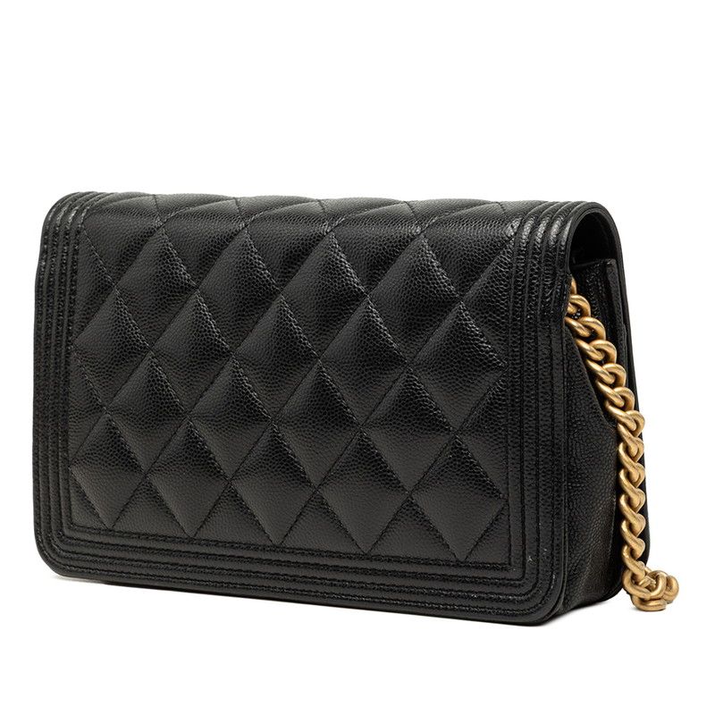 Chanel CC Logo Quilted Chain Wallet Shoulder Bag Black Gold Caviar Leather — view 2