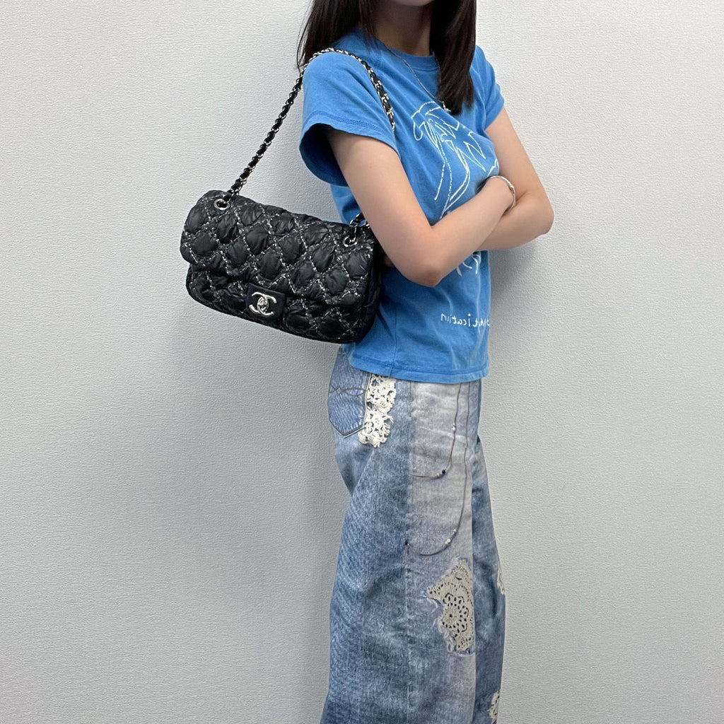 Chanel Quilted Tweed on Stitch Bubble Flap Shoulder Bag Nylon Black Silver Seal — view 2