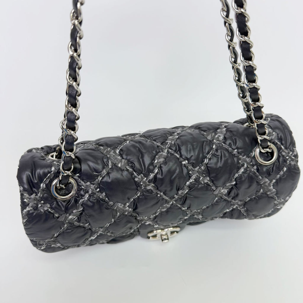 Chanel Quilted Tweed on Stitch Bubble Flap Shoulder Bag Nylon Black Silver Seal — view 8