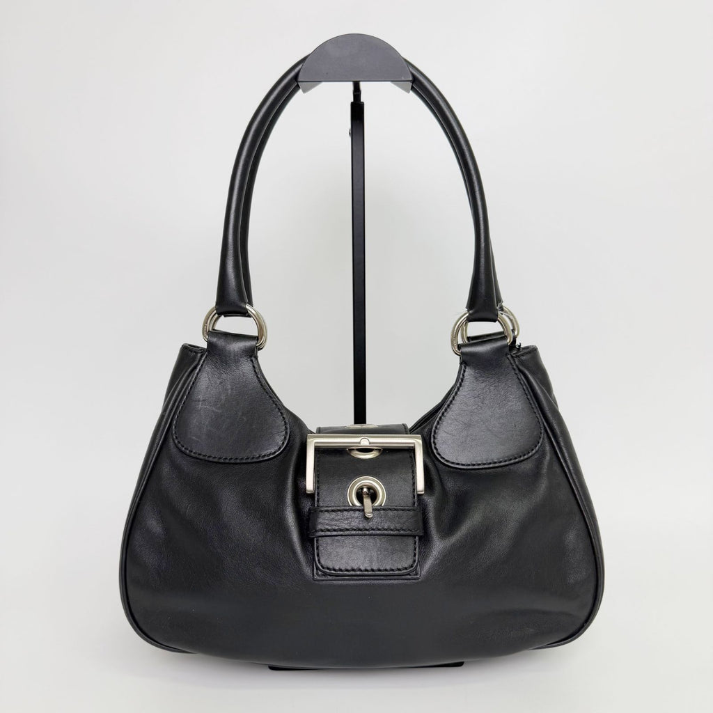 Prada Moon Buckle Shoulder Bag Leather Black Silver Vintage — view 2