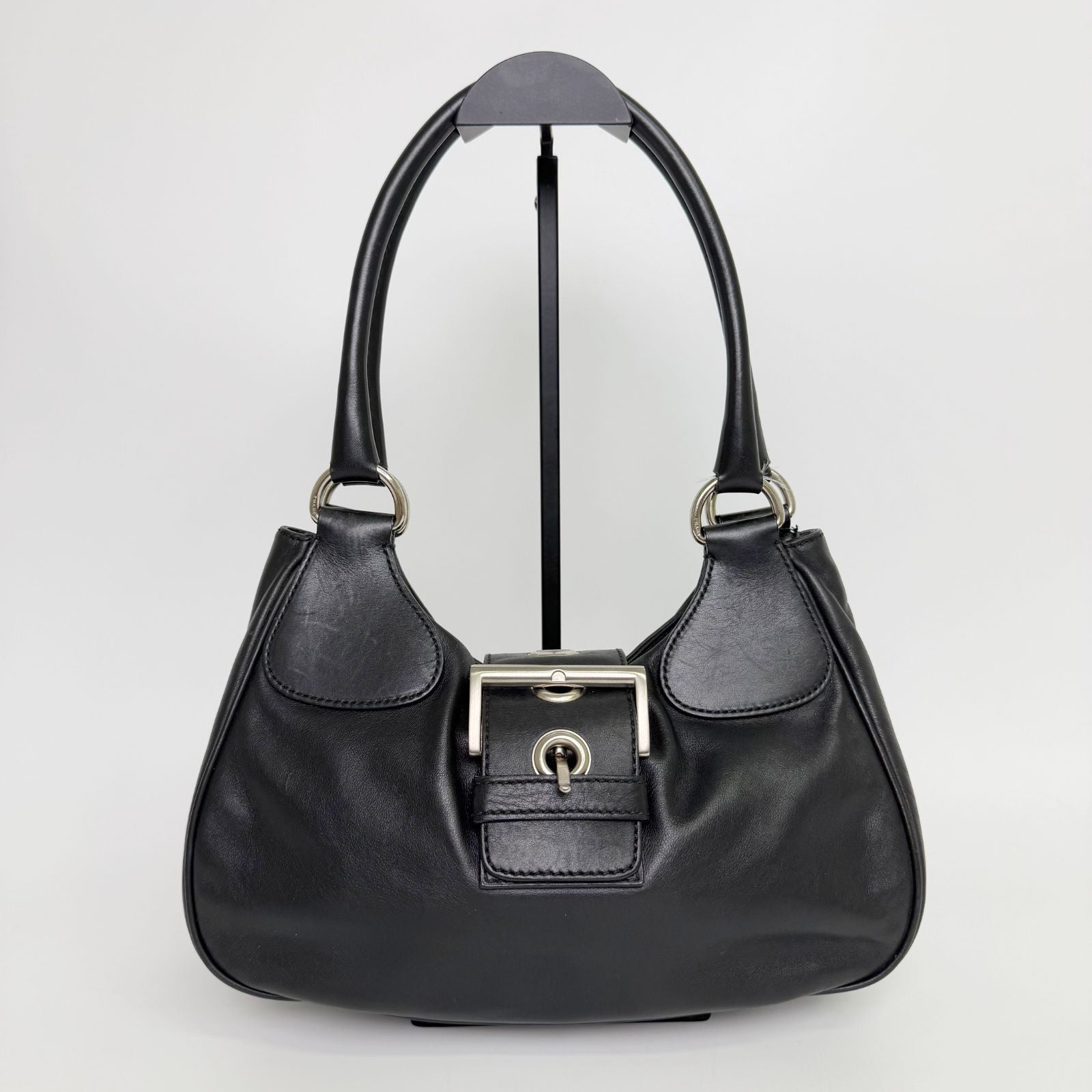Prada Moon Buckle Shoulder Bag Leather Black Silver Vintage — view 2