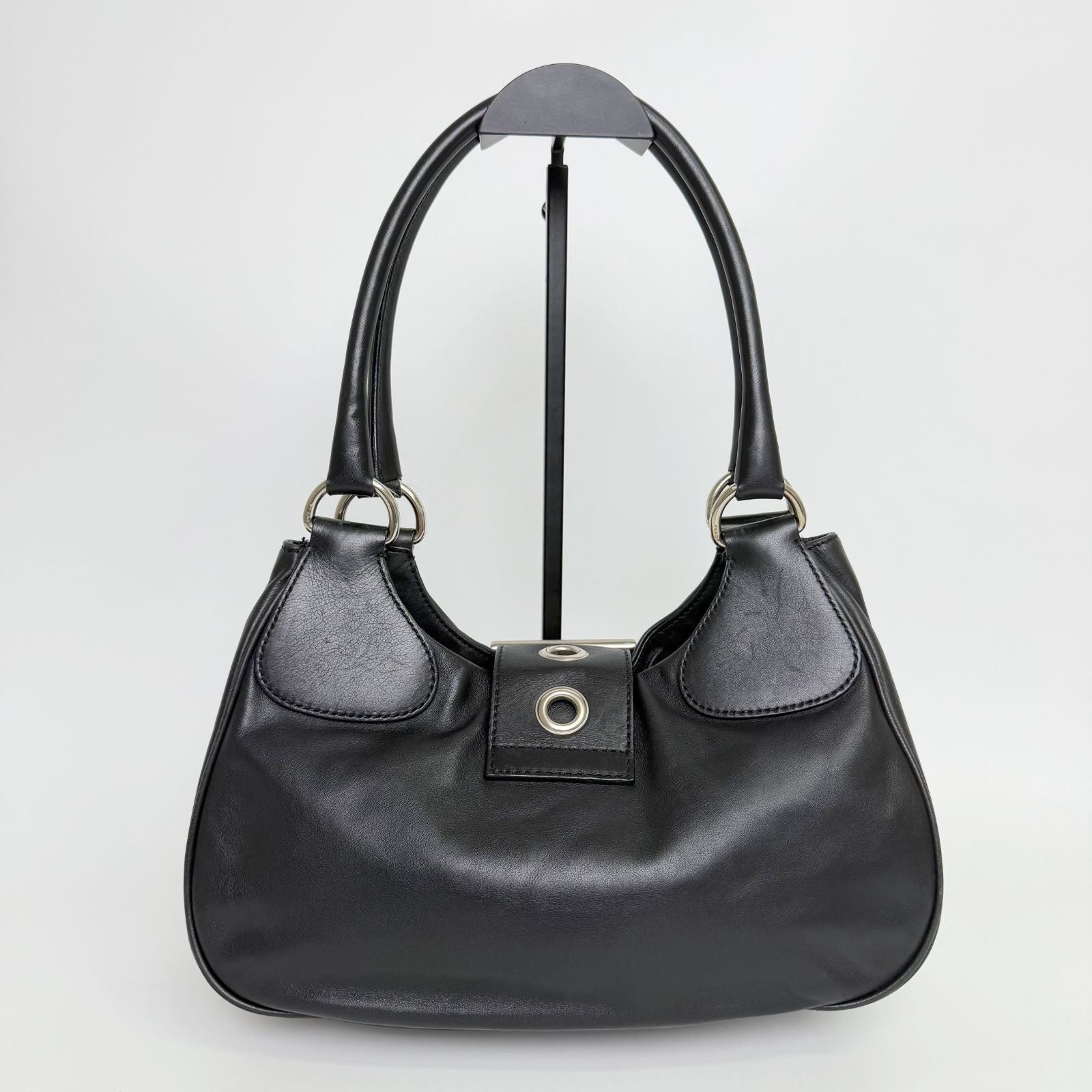 Prada Moon Buckle Shoulder Bag Leather Black Silver Vintage — view 3