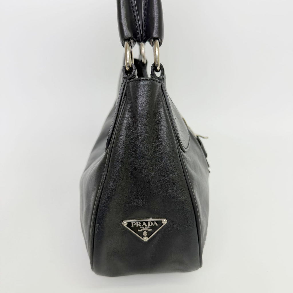 Prada Moon Buckle Shoulder Bag Leather Black Silver Vintage — view 5