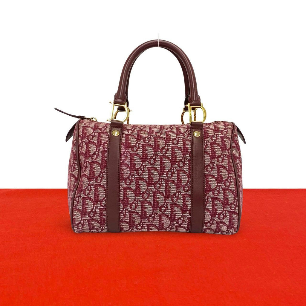 Dior Trotter Pattern Canvas Leather Mini Boston Bag Bordeaux