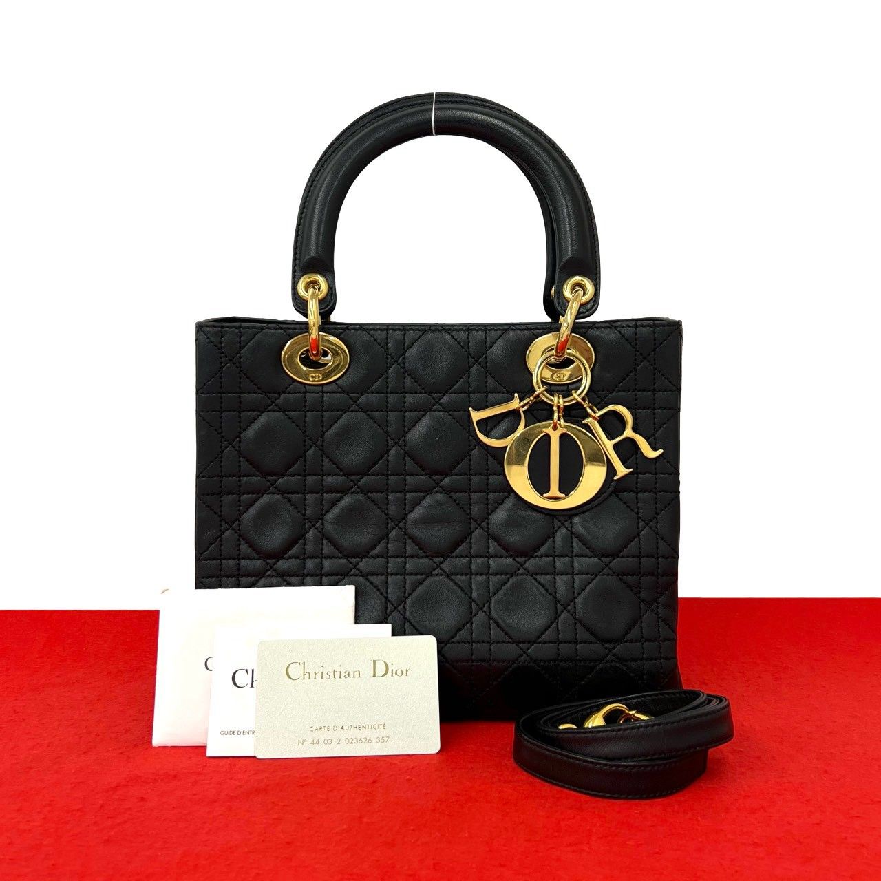 Dior Lady Cannage Stitch Leather 2-Way Shoulder Bag Black