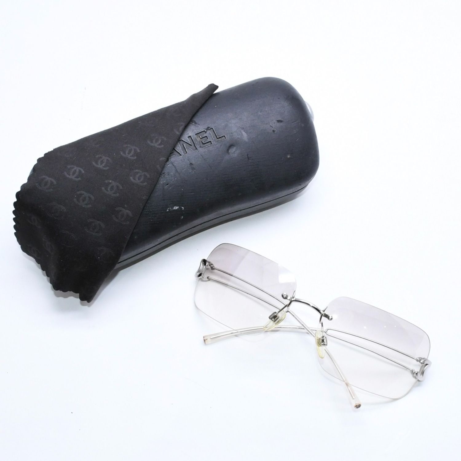 Chanel Rimless Sunglasses Side CC Logo Clear Silver Frame Metal 16 Eyewear