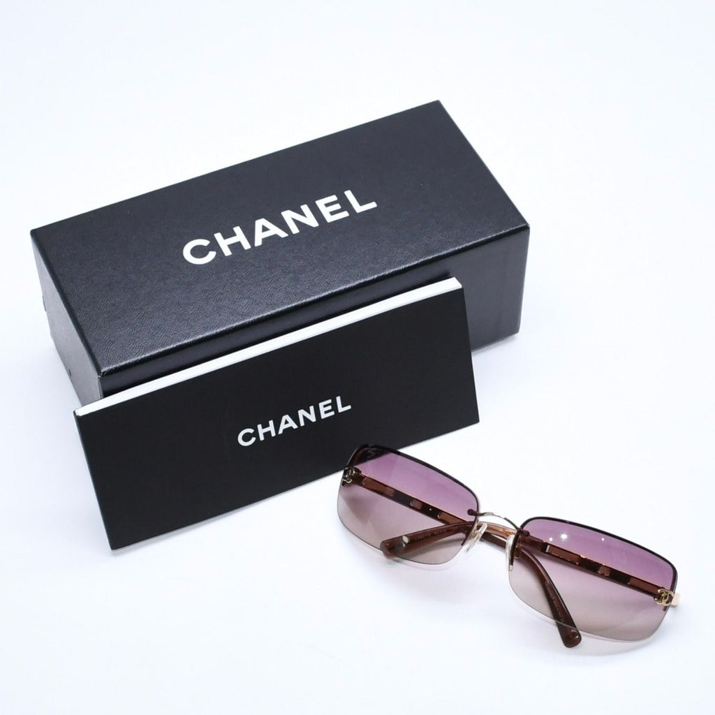 Chanel Half Rim Sunglasses CC Logo Brown Gold Eyewear