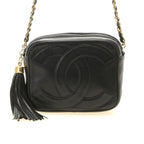 Chanel CC Logo Tassel Chain Shoulder Black Gold Lambskin Bag