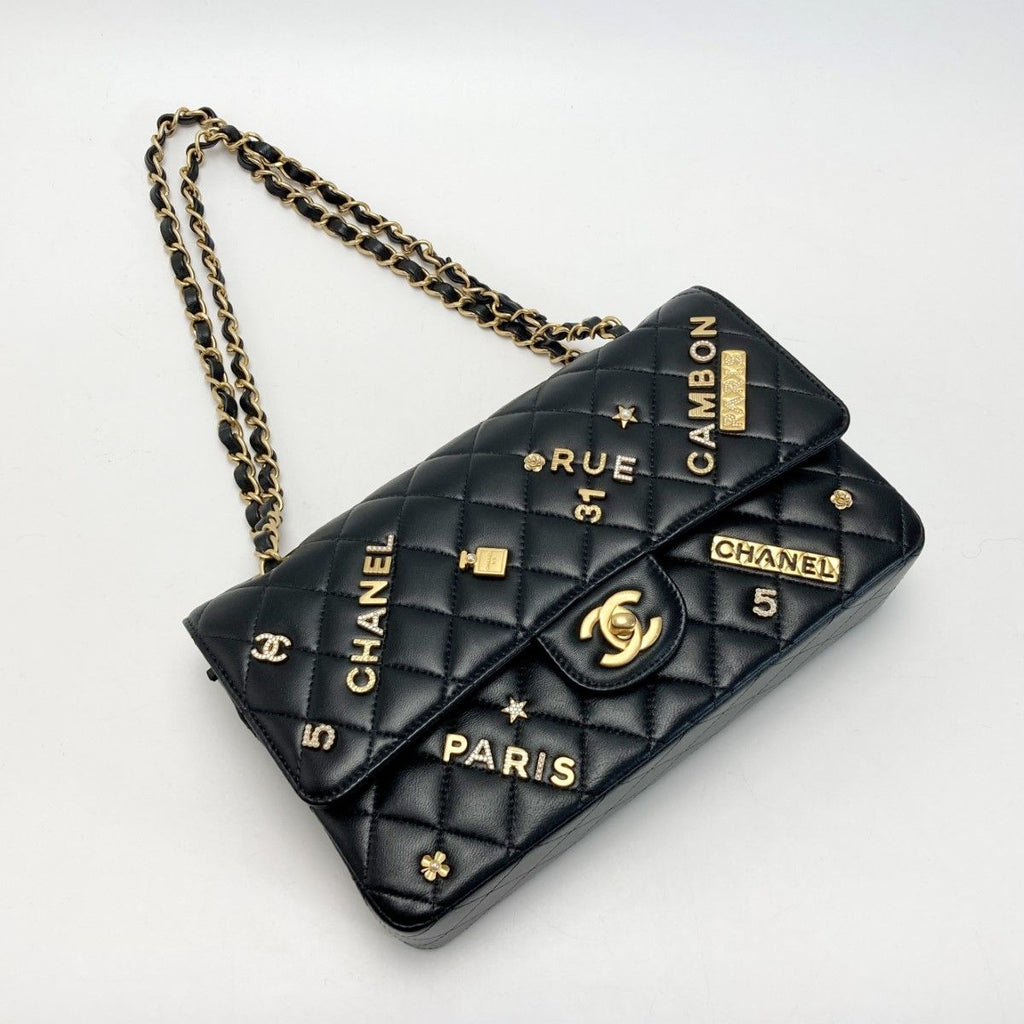 Chanel Quilted Double Flap Icon Charm Chain Shoulder Bag Black Lambskin — view 3