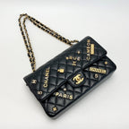 Chanel Quilted Double Flap Icon Charm Chain Shoulder Bag Black Lambskin — view 3