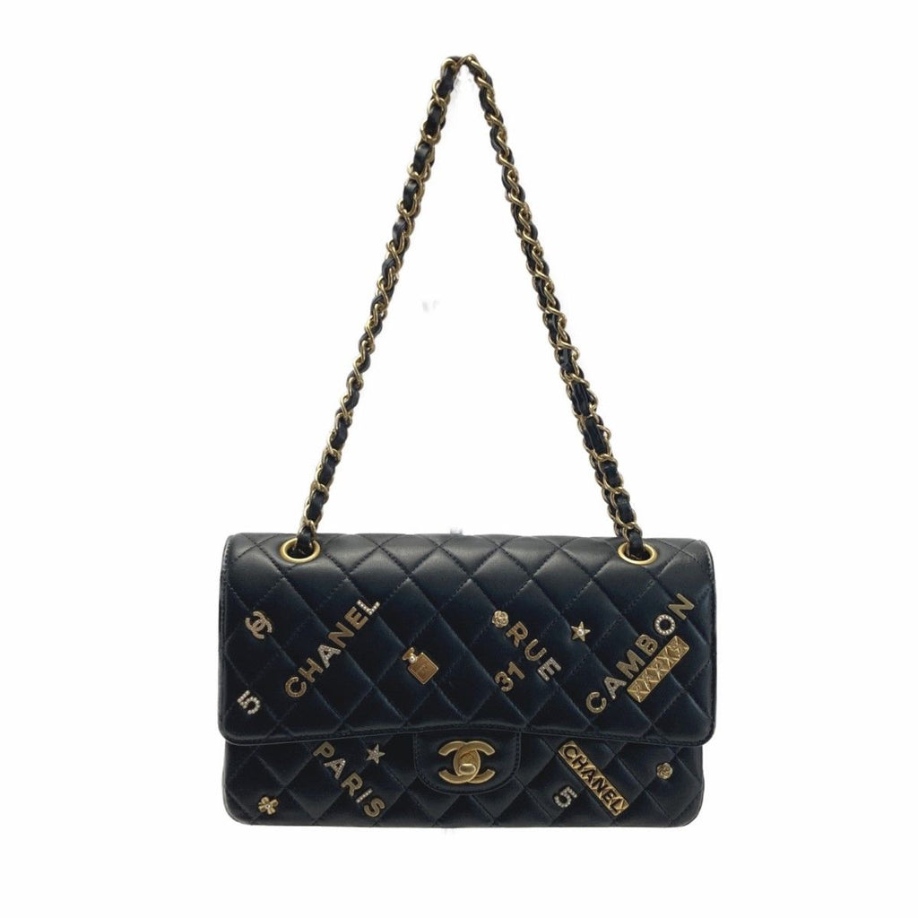 Chanel Quilted Double Flap Icon Charm Chain Shoulder Bag Black Lambskin
