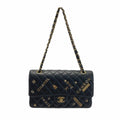 Chanel Quilted Double Flap Icon Charm Chain Shoulder Bag Black Lambskin