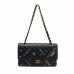 Chanel Quilted Double Flap Icon Charm Chain Shoulder Bag Black Lambskin