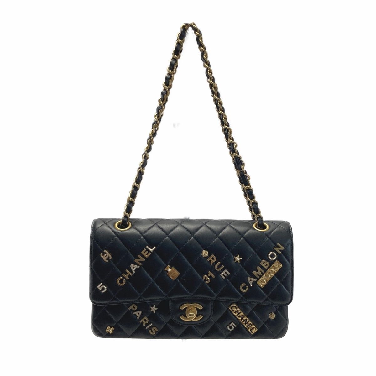 Chanel Quilted Double Flap Icon Charm Chain Shoulder Bag Black Lambskin