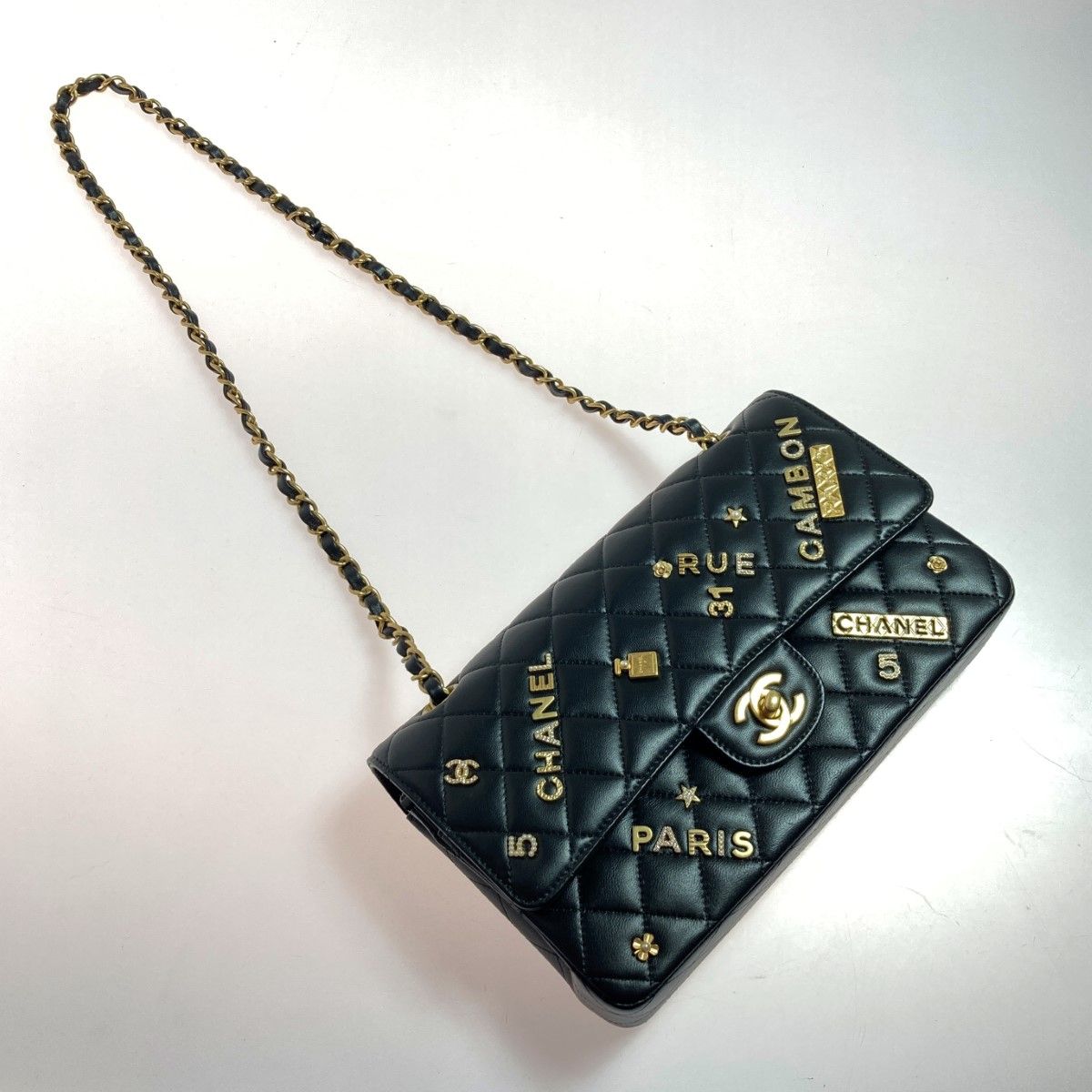 Chanel Quilted Double Flap Icon Charm Chain Shoulder Bag Black Lambskin — view 4