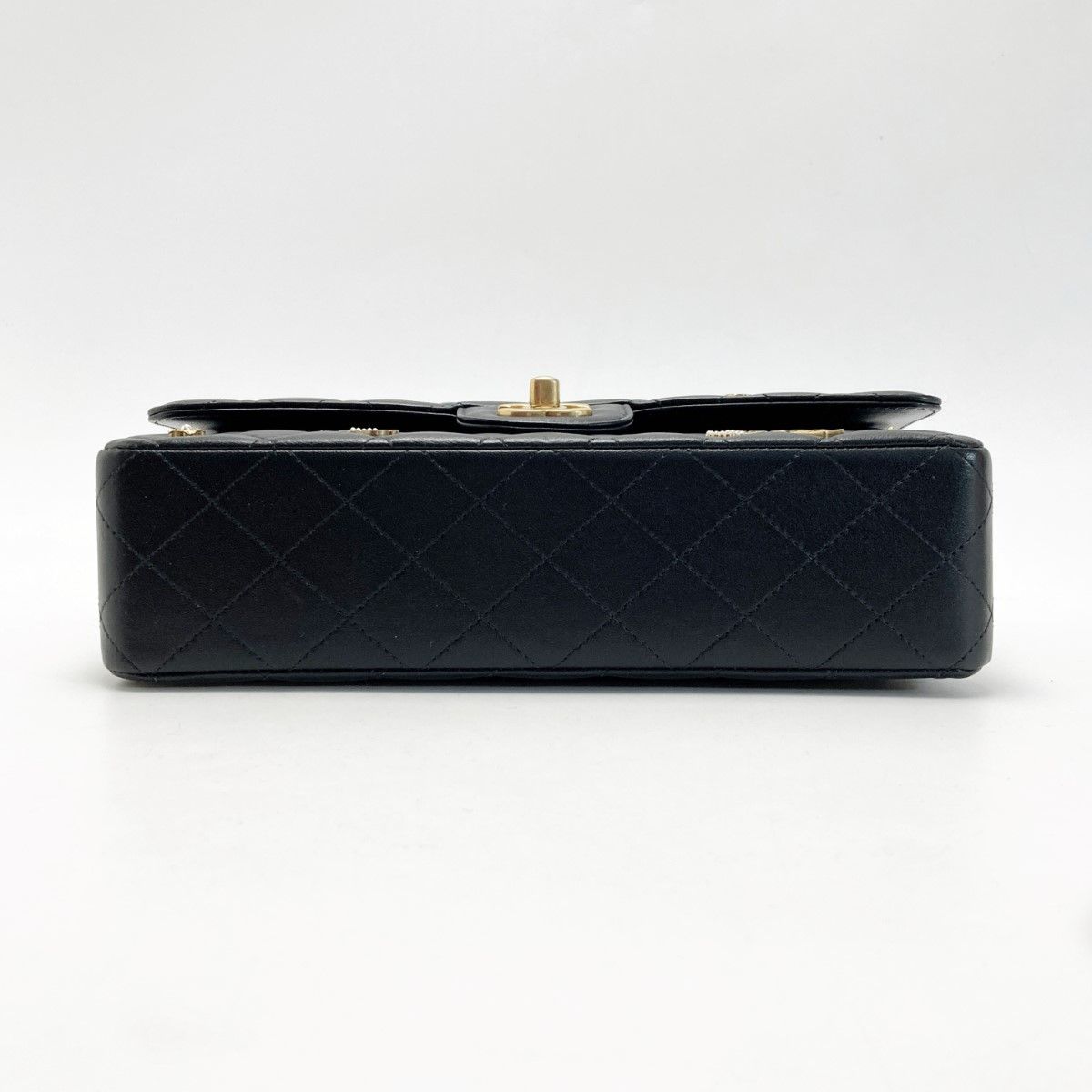 Chanel Quilted Double Flap Icon Charm Chain Shoulder Bag Black Lambskin — view 5