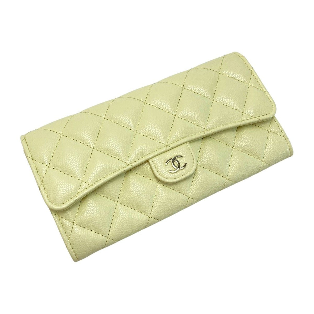 Chanel Quilted Classic Flap Wallet Light Yellow CC Logo Caviar Leather