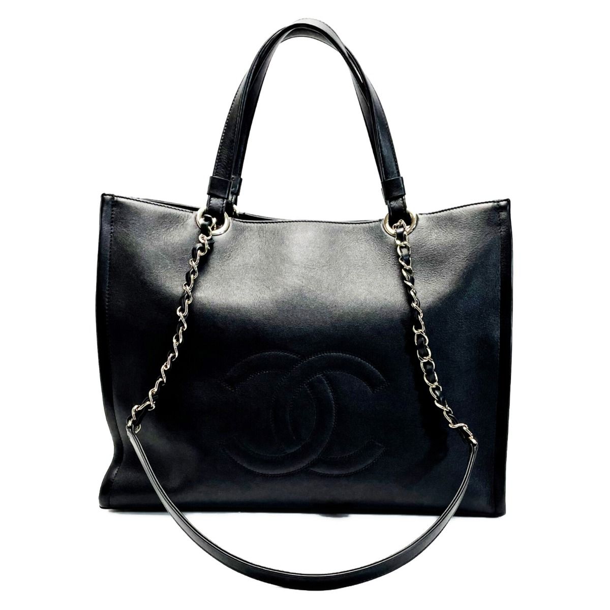 Chanel CC Logo Black Chain Tote Bag Calfskin Gold